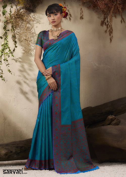 Ocean Blue Silk Saree with Tanchoi Zari Weaving Border