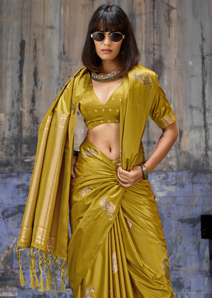 Dijon Yellow Satin Silk Handloom Woven Saree with Tiger Butti