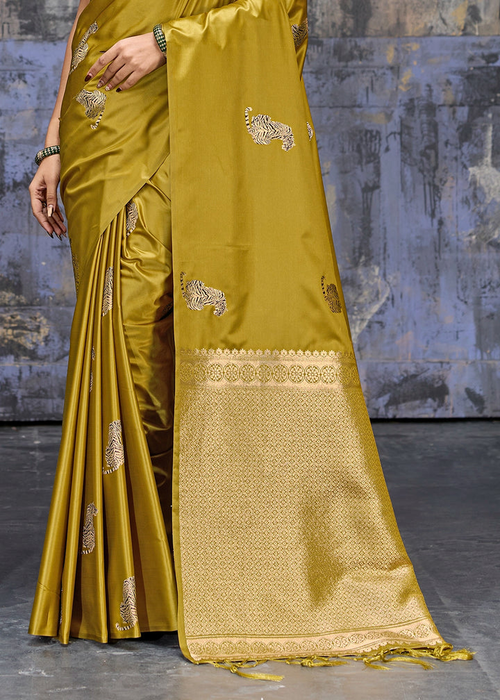 Dijon Yellow Satin Silk Handloom Woven Saree with Tiger Butti