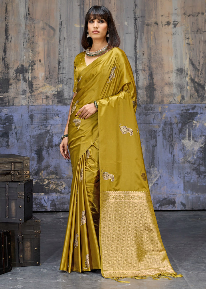Dijon Yellow Satin Silk Handloom Woven Saree with Tiger Butti