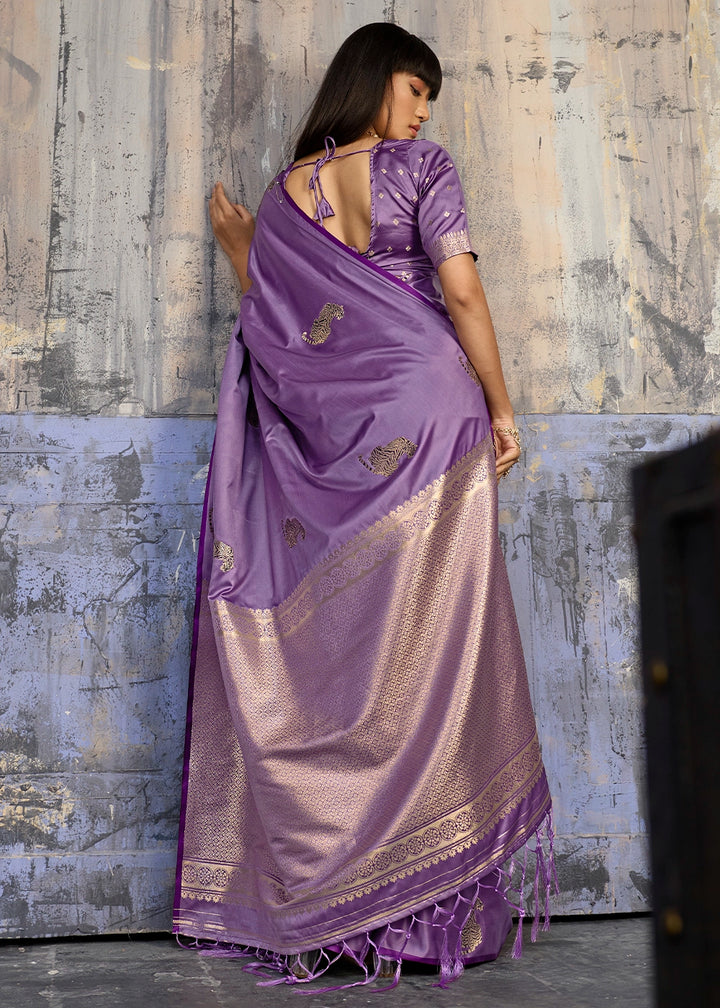 Lavender Purple Satin Silk Handloom Woven Saree with Tiger Butti