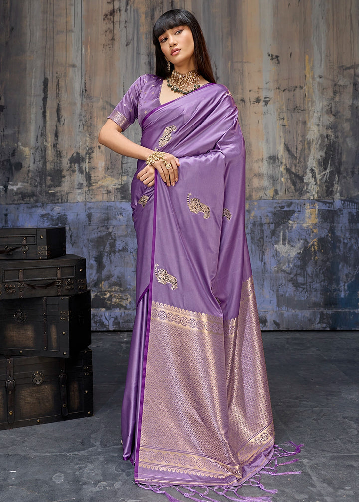 Lavender Purple Satin Silk Handloom Woven Saree with Tiger Butti