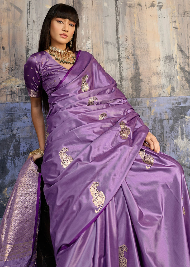 Lavender Purple Satin Silk Handloom Woven Saree with Tiger Butti
