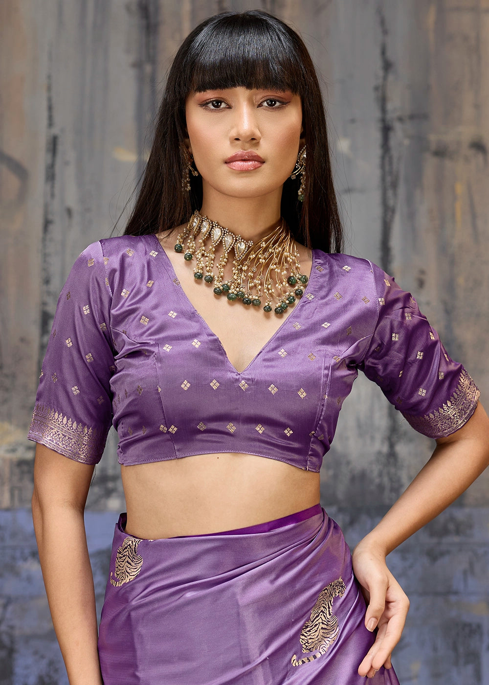 Lavender Purple Satin Silk Handloom Woven Saree with Tiger Butti