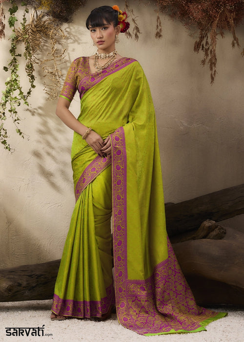 Avocado Green Silk Saree with Tanchoi Zari Weaving Border