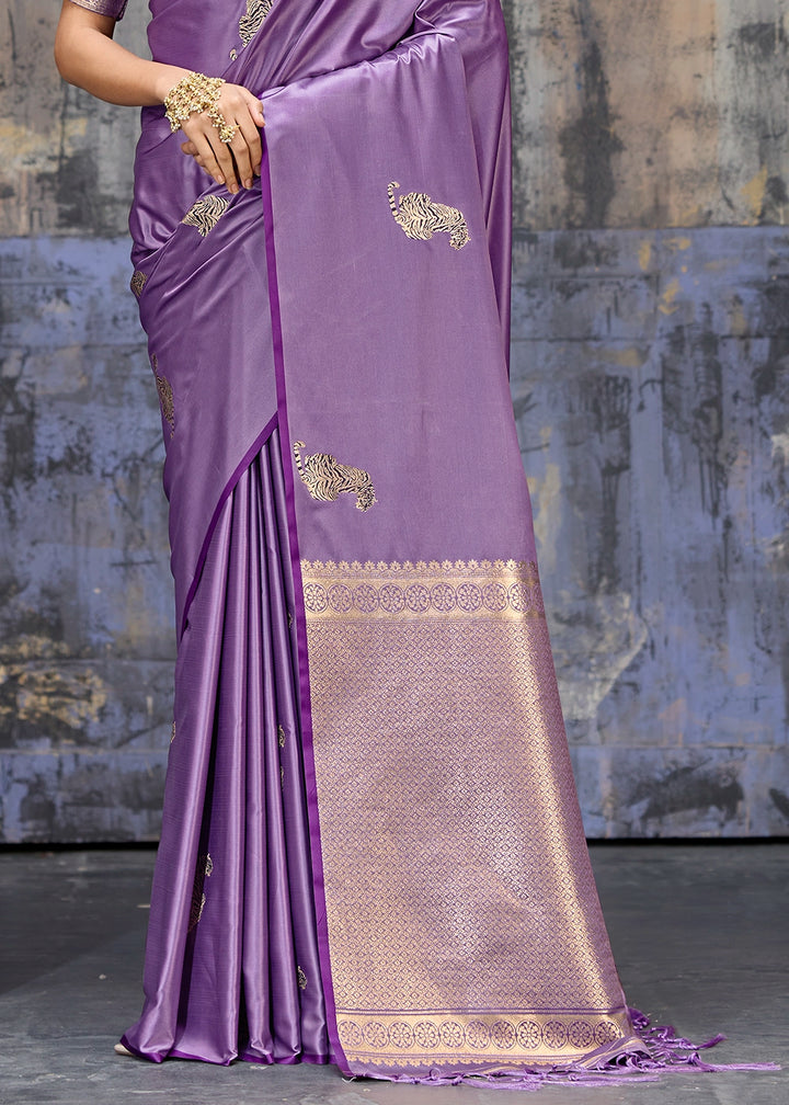 Lavender Purple Satin Silk Handloom Woven Saree with Tiger Butti