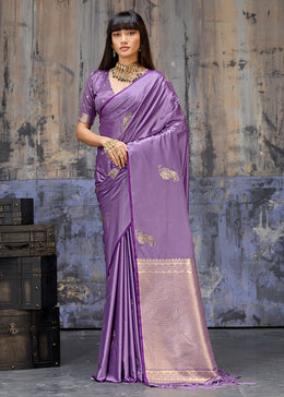 Lavender Purple Satin Silk Handloom Woven Saree with Tiger Butti