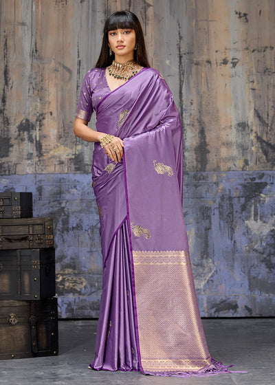 Lavender Purple Satin Silk Handloom Woven Saree with Tiger Butti