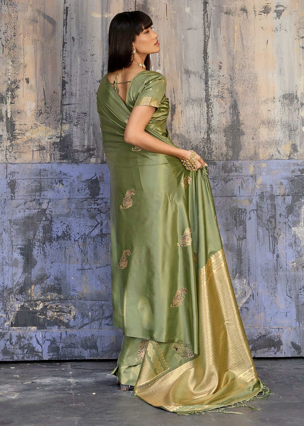 Sage Green Satin Silk Handloom Woven Saree with Tiger Butti work
