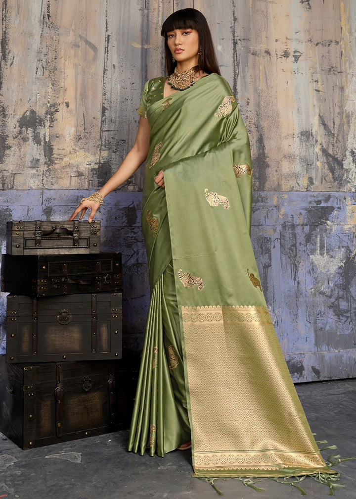 Sage Green Satin Silk Handloom Woven Saree with Tiger Butti work