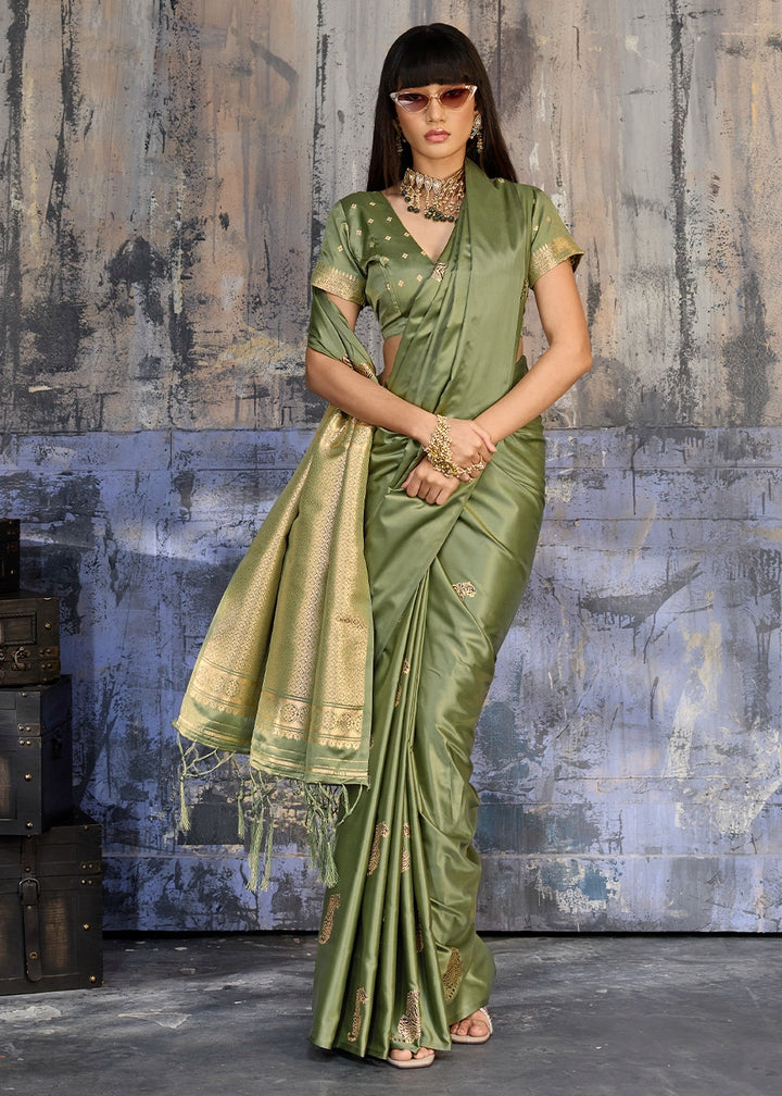 Sage Green Satin Silk Handloom Woven Saree with Tiger Butti work