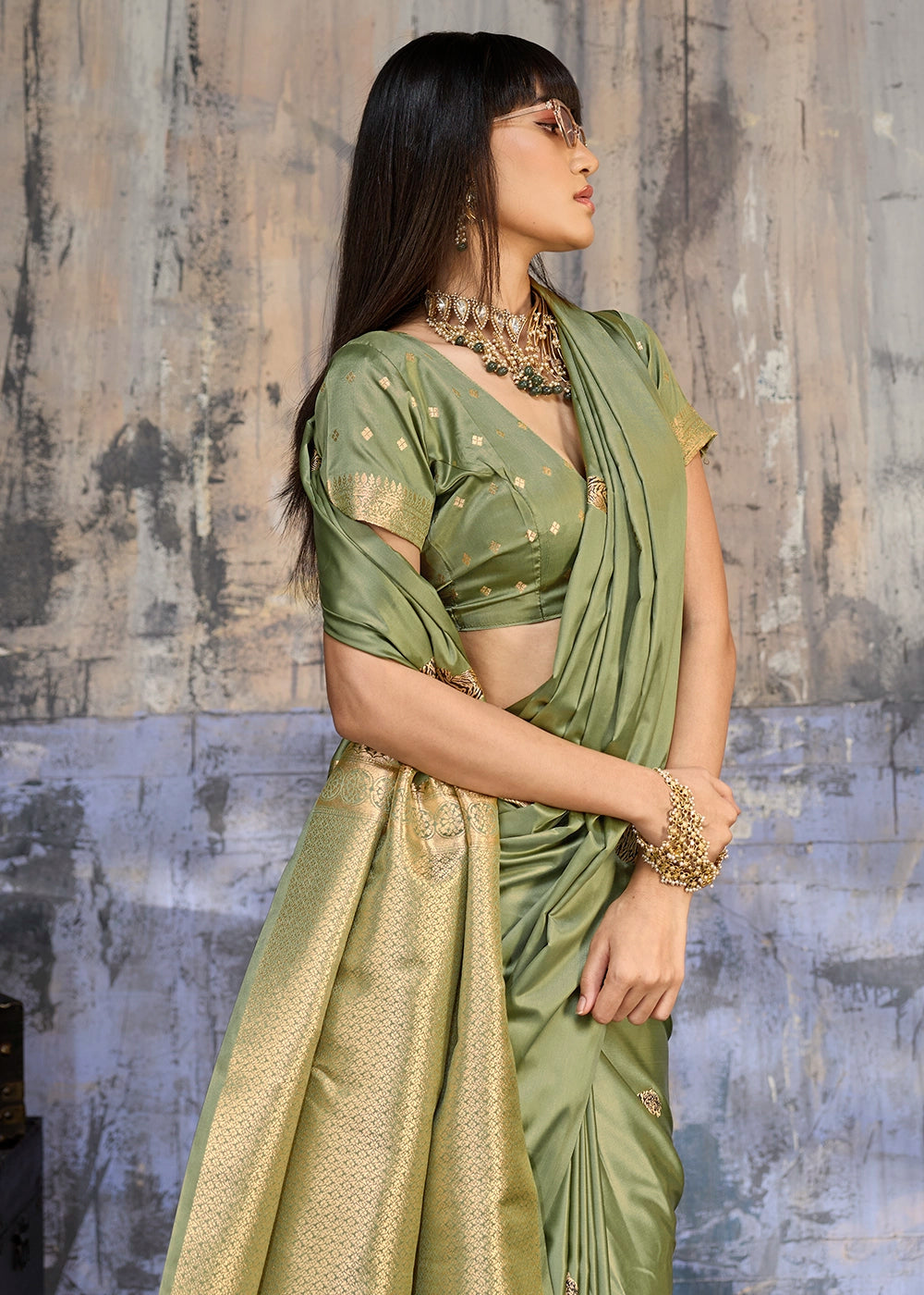 Sage Green Satin Silk Handloom Woven Saree with Tiger Butti work