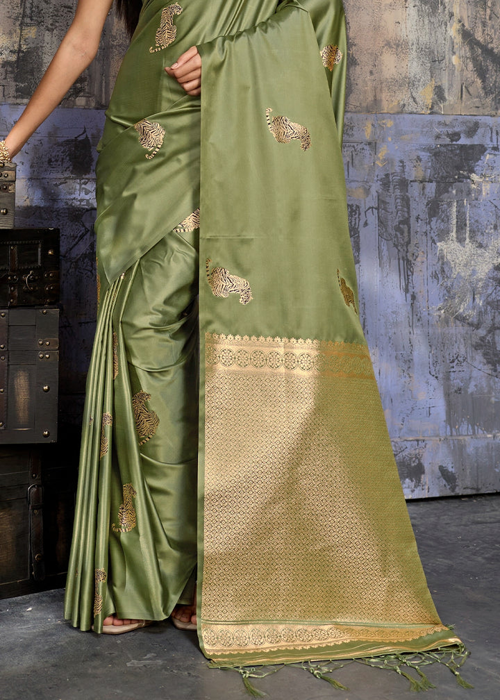 Sage Green Satin Silk Handloom Woven Saree with Tiger Butti work