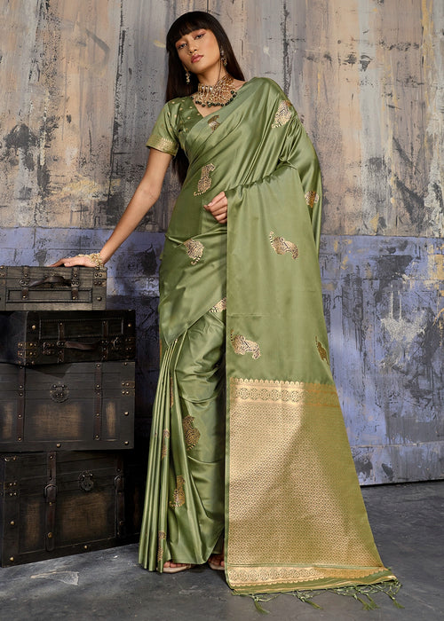 Sage Green Satin Silk Handloom Woven Saree with Tiger Butti work