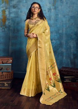 Butter Yellow Zari Tissue Handloom Weaving Saree with Blouse