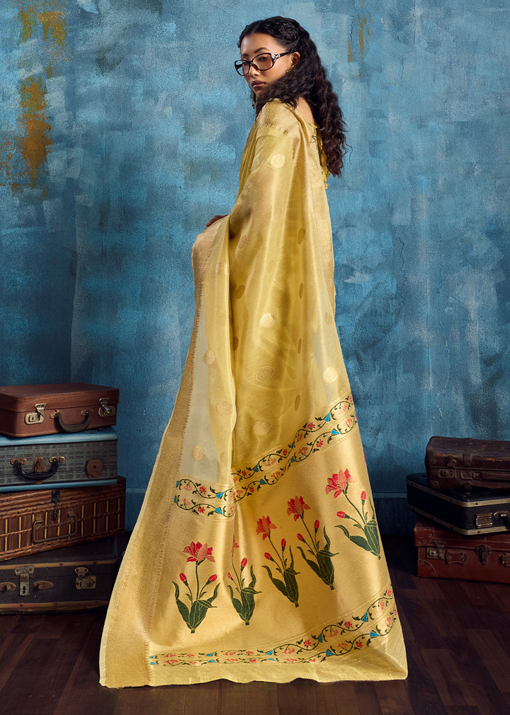 Butter Yellow Zari Tissue Handloom Weaving Saree with Blouse