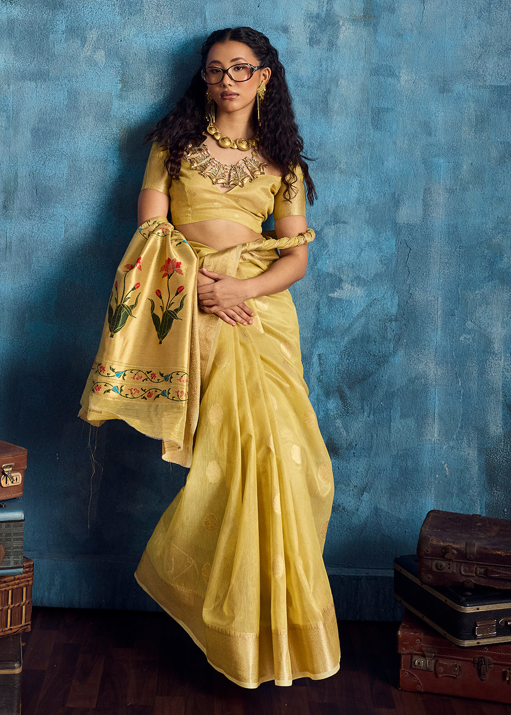 Butter Yellow Zari Tissue Handloom Weaving Saree with Blouse