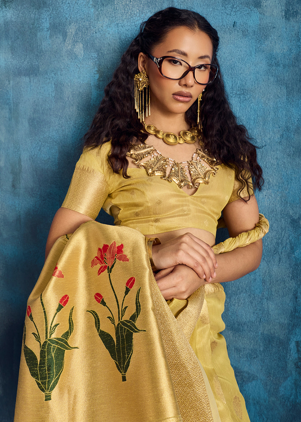 Butter Yellow Zari Tissue Handloom Weaving Saree with Blouse
