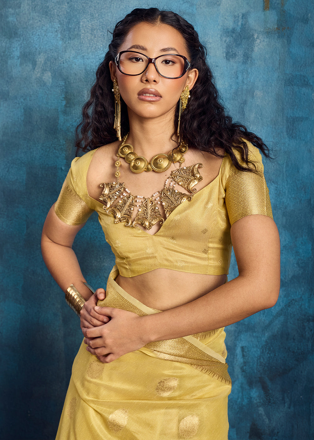 Butter Yellow Zari Tissue Handloom Weaving Saree with Blouse