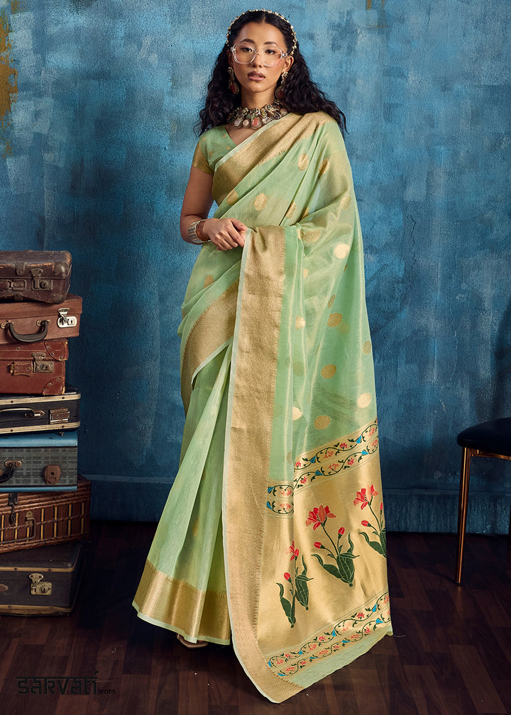 Mint Green Zari Tissue Handloom Weaving Saree with Blouse