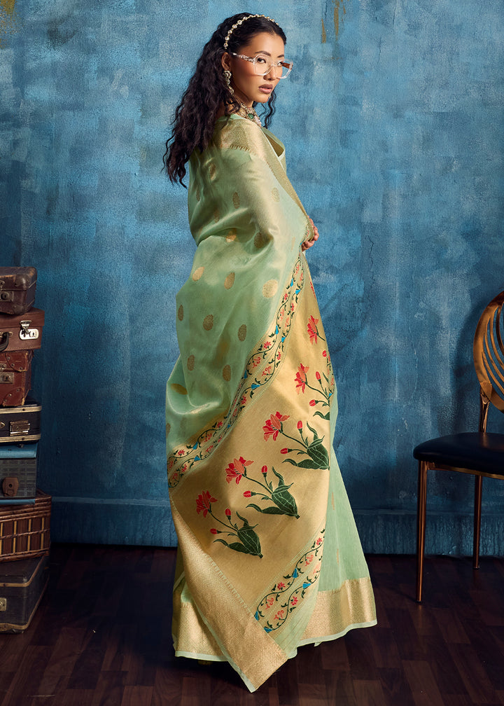 Mint Green Zari Tissue Handloom Weaving Saree with Blouse
