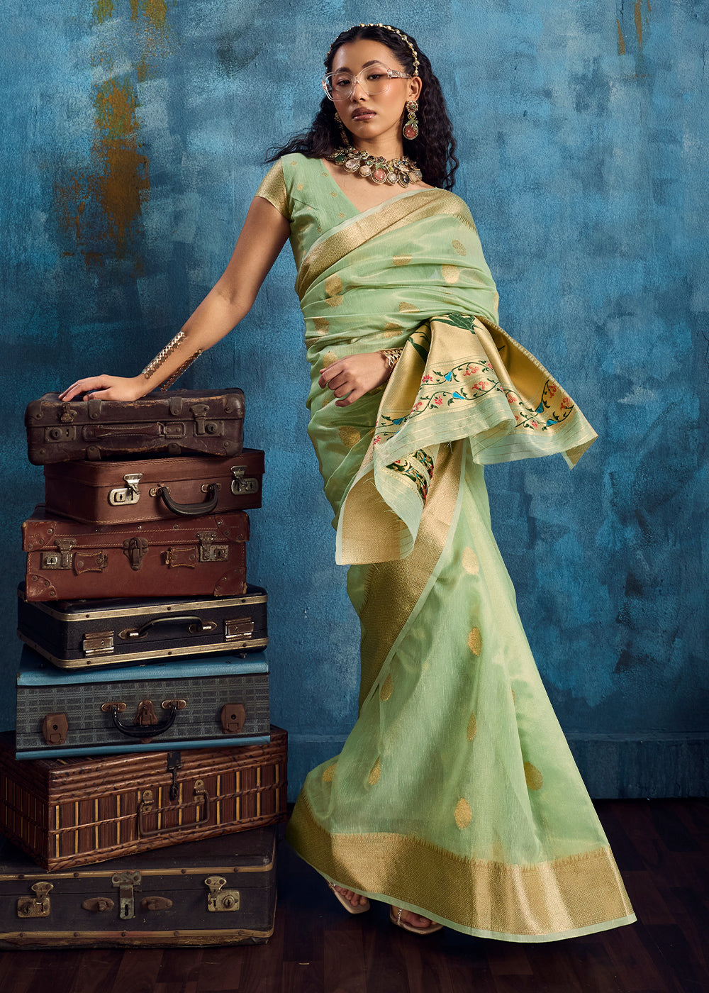Mint Green Zari Tissue Handloom Weaving Saree with Blouse