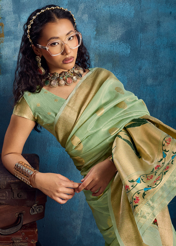 Mint Green Zari Tissue Handloom Weaving Saree with Blouse