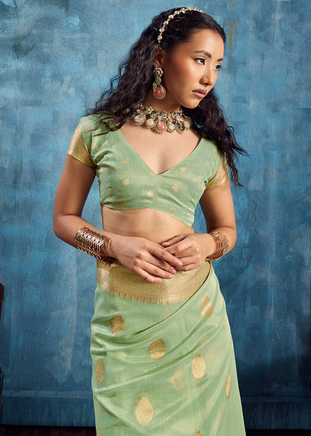 Mint Green Zari Tissue Handloom Weaving Saree with Blouse