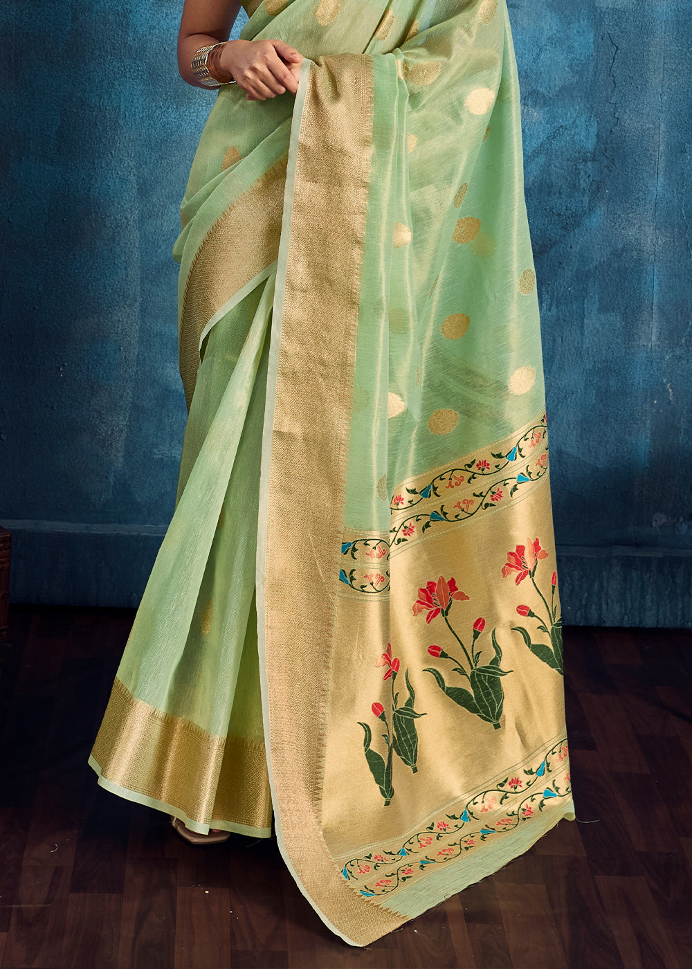 Mint Green Zari Tissue Handloom Weaving Saree with Blouse