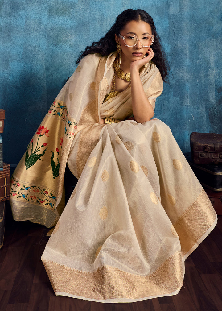 Ivory Cream Zari Tissue Handloom Weaving Saree with Blouse