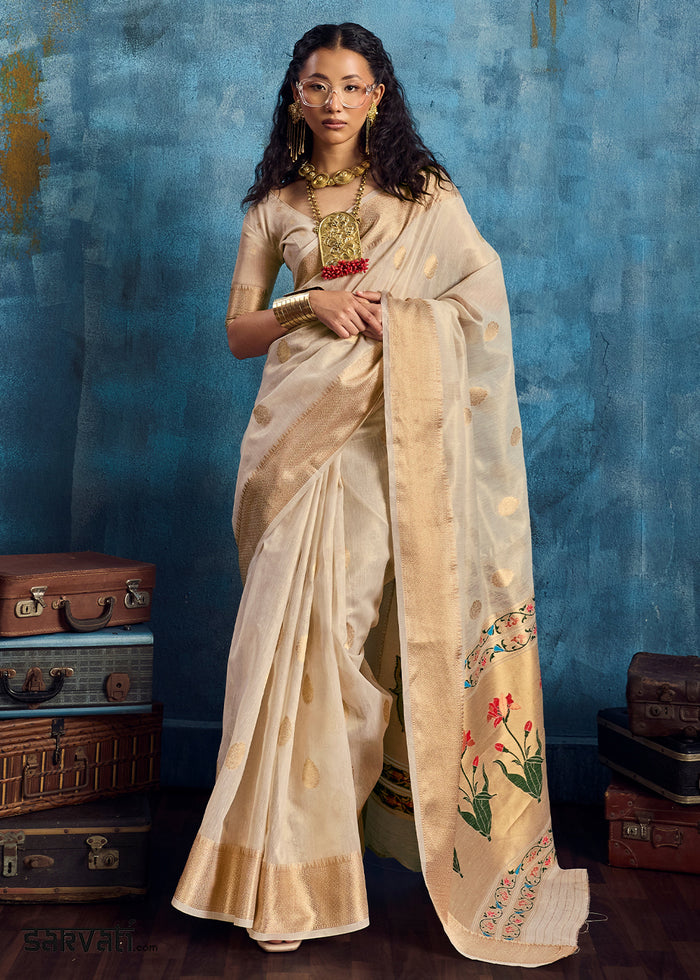 Ivory Cream Zari Tissue Handloom Weaving Saree with Blouse