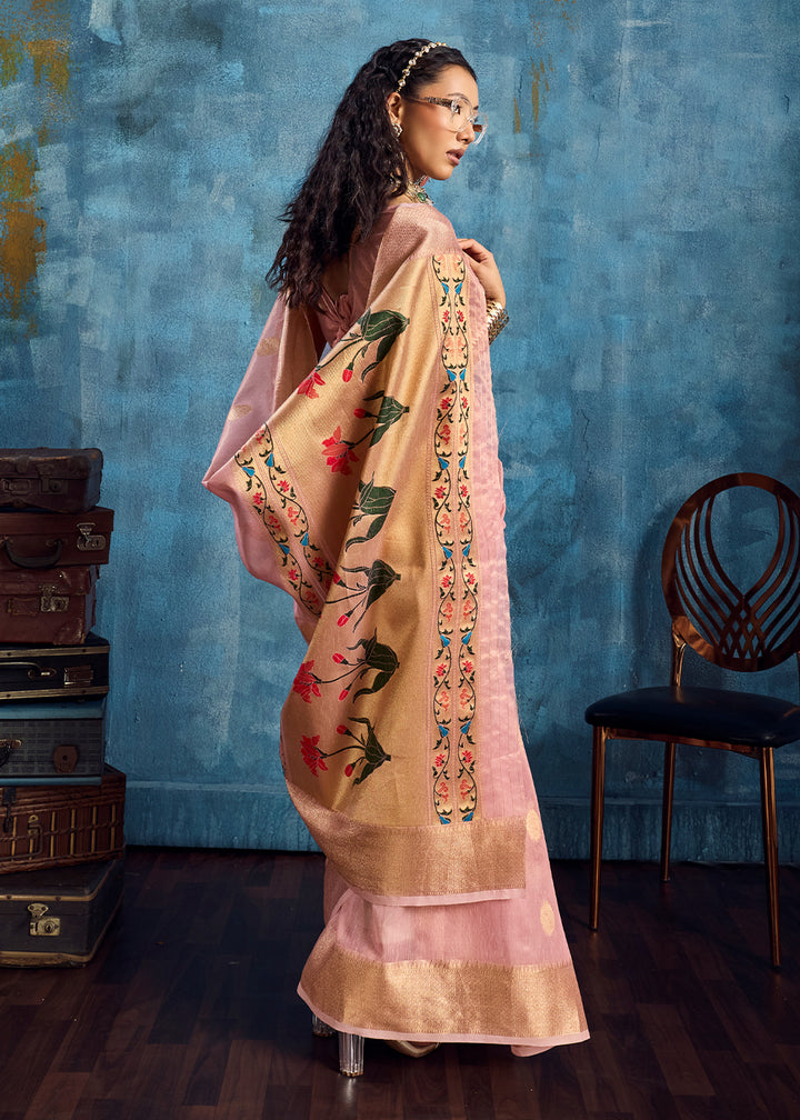 Blush Pink Zari Tissue Handloom Weaving Saree with Blouse
