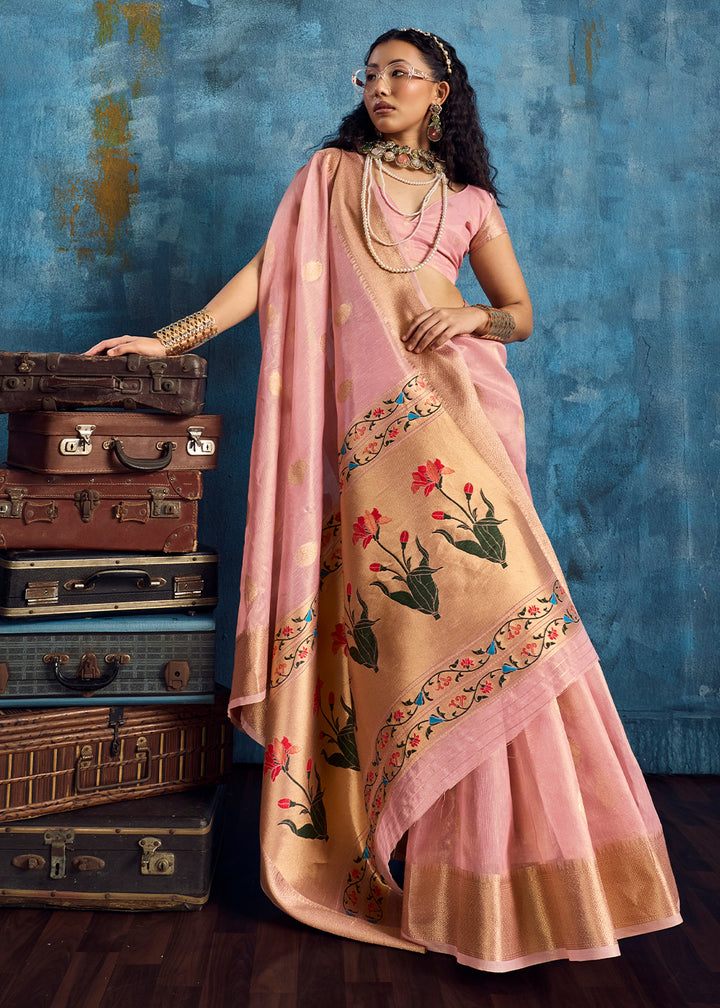 Blush Pink Zari Tissue Handloom Weaving Saree with Blouse