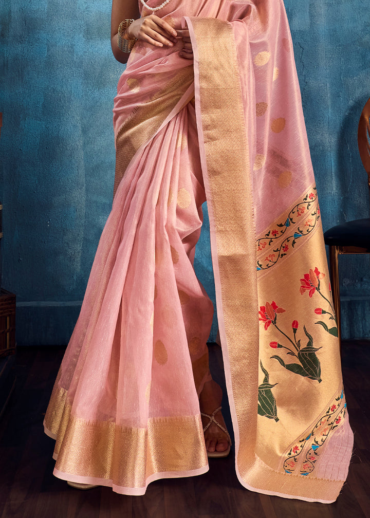 Blush Pink Zari Tissue Handloom Weaving Saree with Blouse