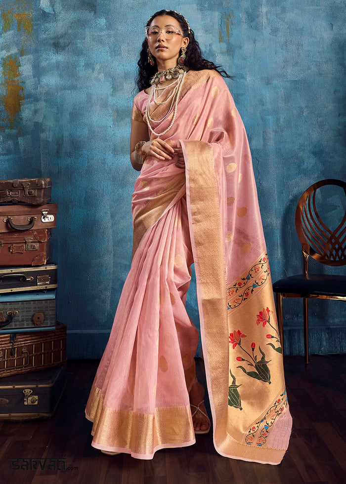 Blush Pink Zari Tissue Handloom Weaving Saree with Blouse
