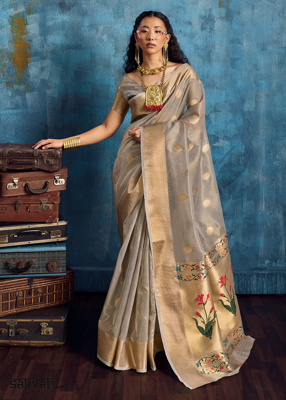 Silver Grey Zari Tissue Handloom Weaving Saree with Blouse