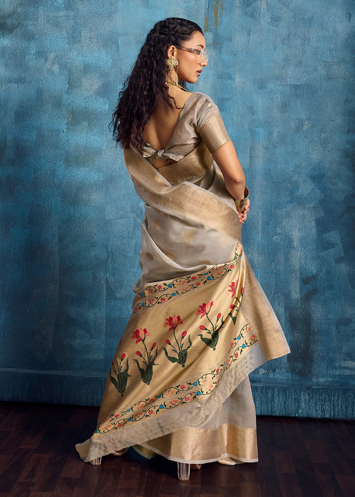 Silver Grey Zari Tissue Handloom Weaving Saree with Blouse