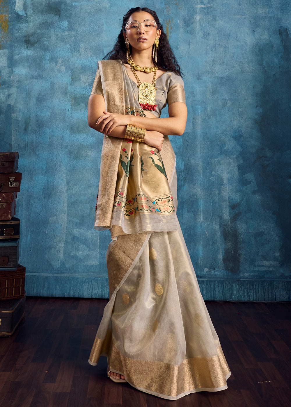 Silver Grey Zari Tissue Handloom Weaving Saree with Blouse