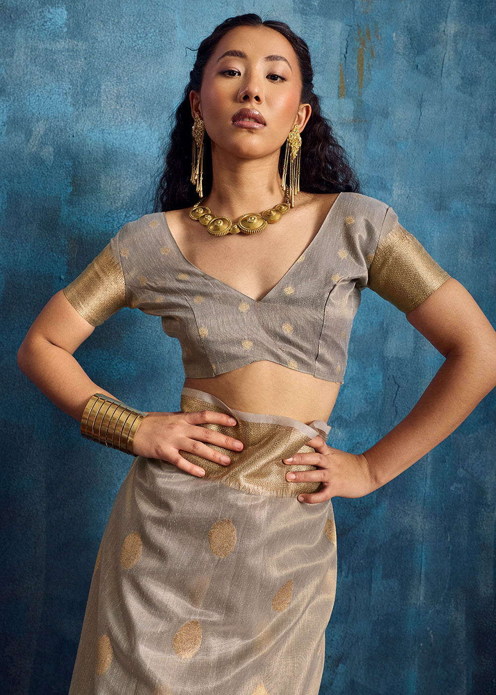Silver Grey Zari Tissue Handloom Weaving Saree with Blouse