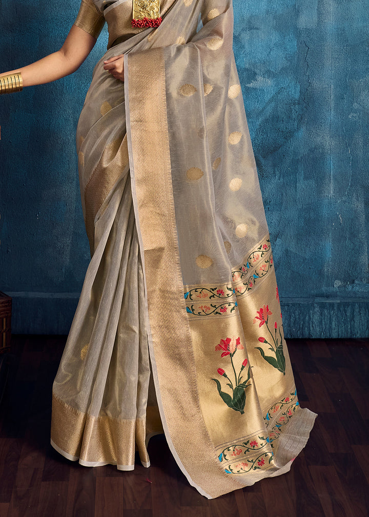 Silver Grey Zari Tissue Handloom Weaving Saree with Blouse