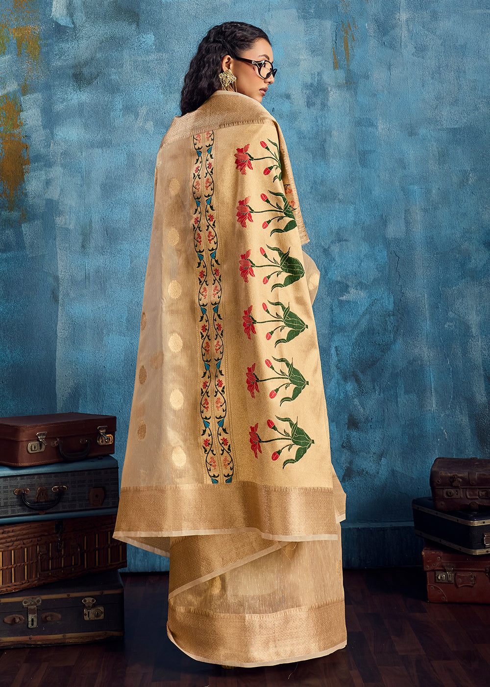 Champagne Beige Zari Tissue Handloom Weaving Saree with Blouse