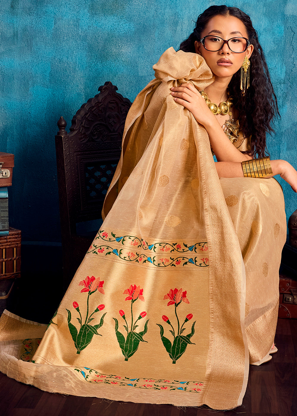 Champagne Beige Zari Tissue Handloom Weaving Saree with Blouse