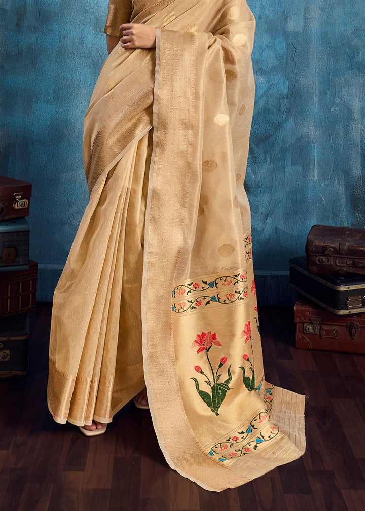 Champagne Beige Zari Tissue Handloom Weaving Saree with Blouse