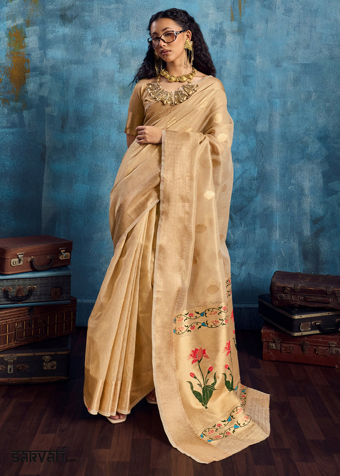 Champagne Beige Zari Tissue Handloom Weaving Saree with Blouse