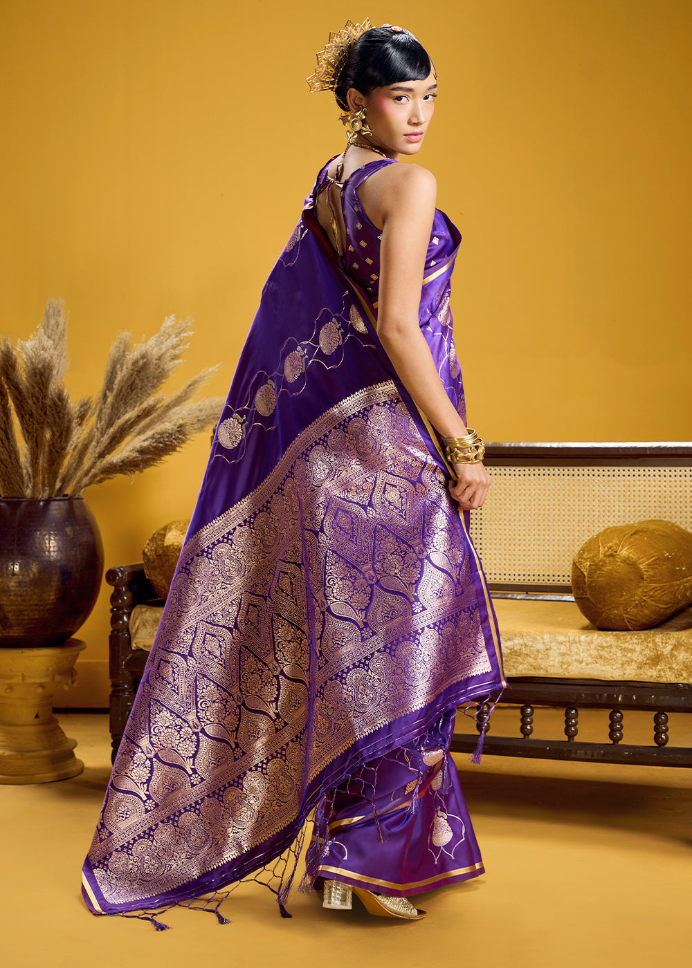 Royal Purple Satin Handloom Weaving Saree with Blouse