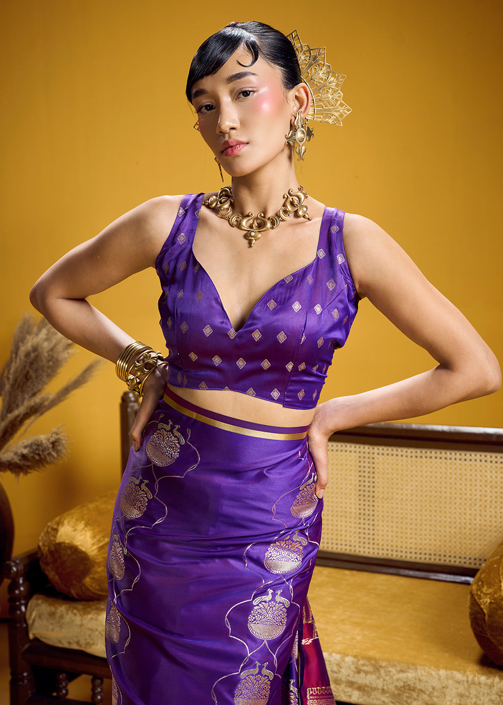Royal Purple Satin Handloom Weaving Saree with Blouse
