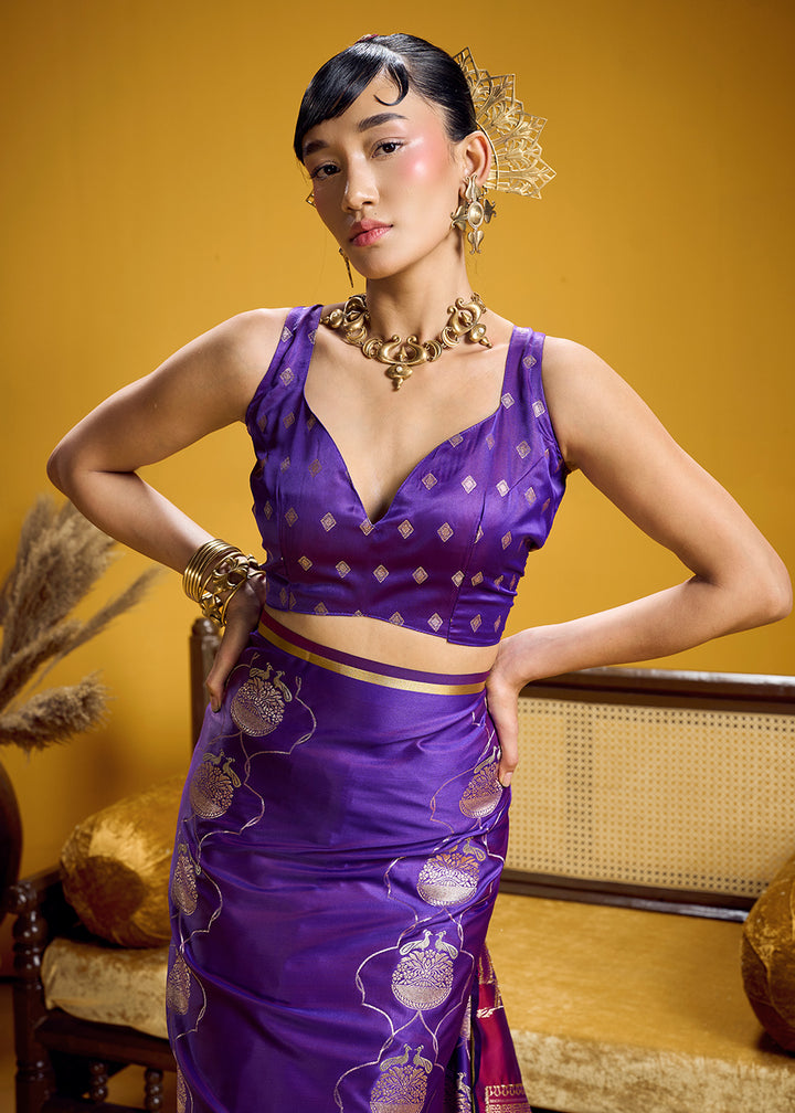 Royal Purple Satin Handloom Weaving Saree with Blouse