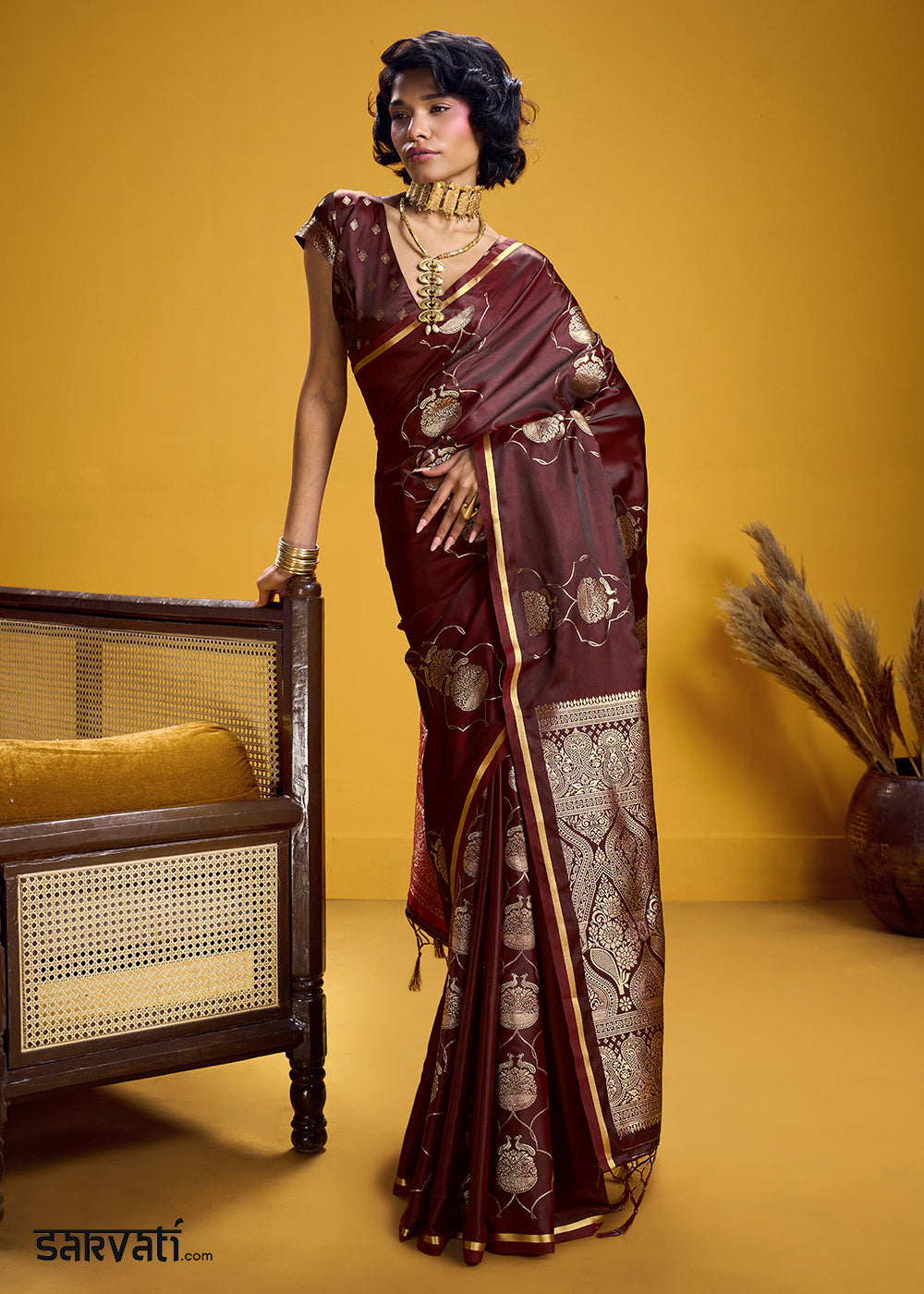 Wine Brown Satin Handloom Weaving Saree with Blouse