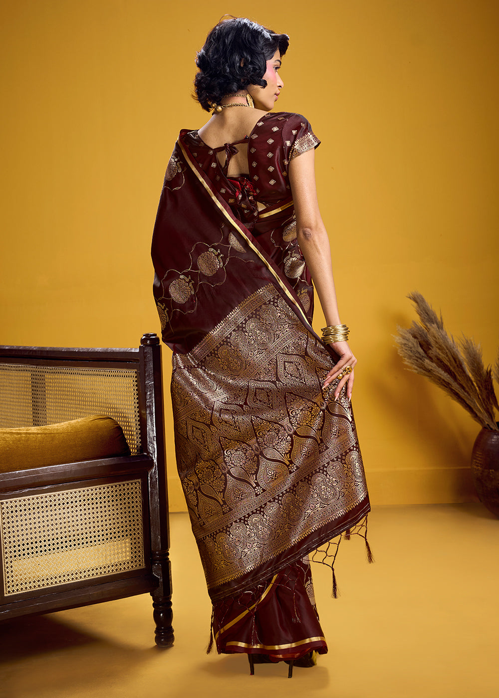 Wine Brown Satin Handloom Weaving Saree with Blouse