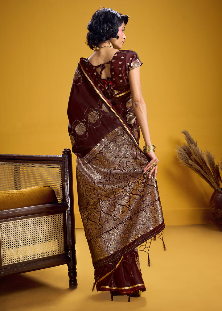 Wine Brown Satin Handloom Weaving Saree with Blouse